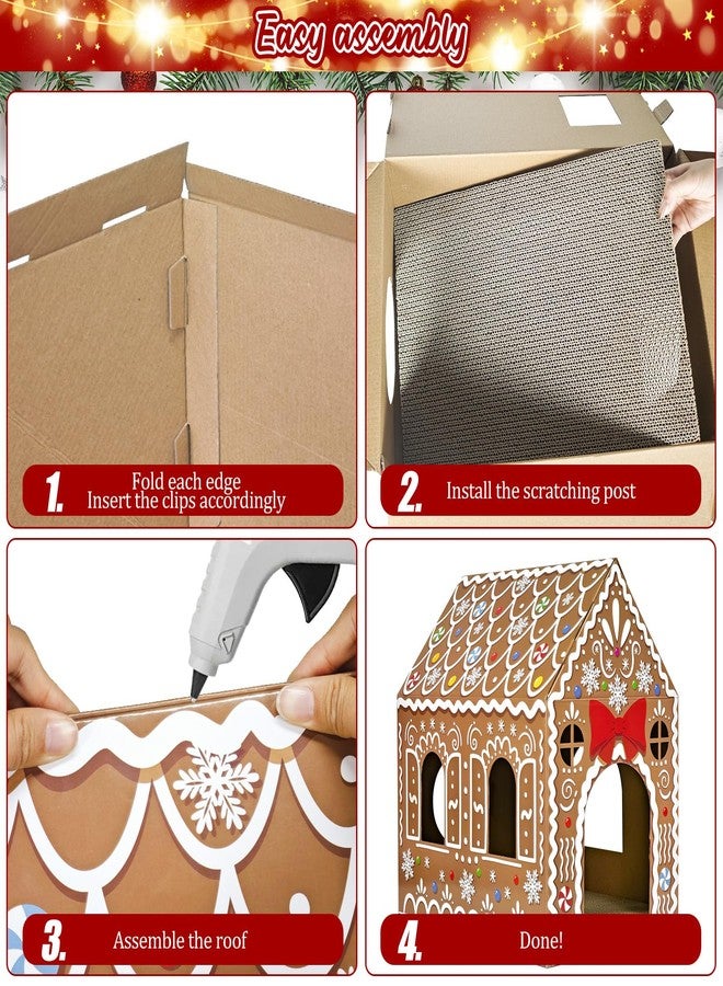 Cinrobiye Christmas Cardboard Cat House with Scratcher Pet Gingerbread Board Bed Cave Playhouse Hideaway Hideout Condo Decor Small Animals Scratch Box for Indoor Cats Kittens Rabbits Bunny (Brown, 1) - Image 3